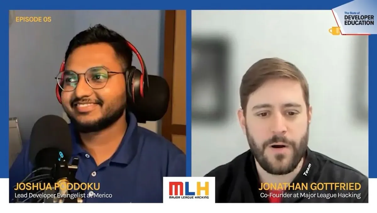 Split-screen recording of Joshua Poddoku and Jonathan Gottfried in conversation, captioned as episode five of The State of Developer Education