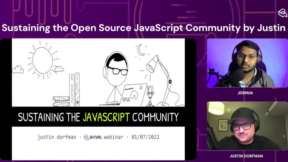 Justin Dorfman and me beside his title slide, Sustaining the JavaScript Community