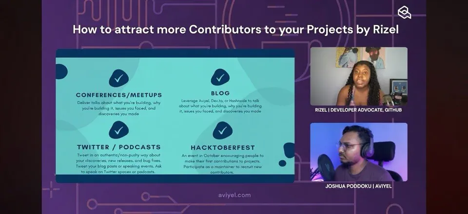 Rizel presenting a slide on attracting contributors, with me listening