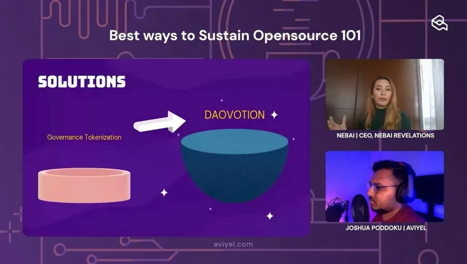 Nebai presenting a slide on governance tokenisation, with me listening